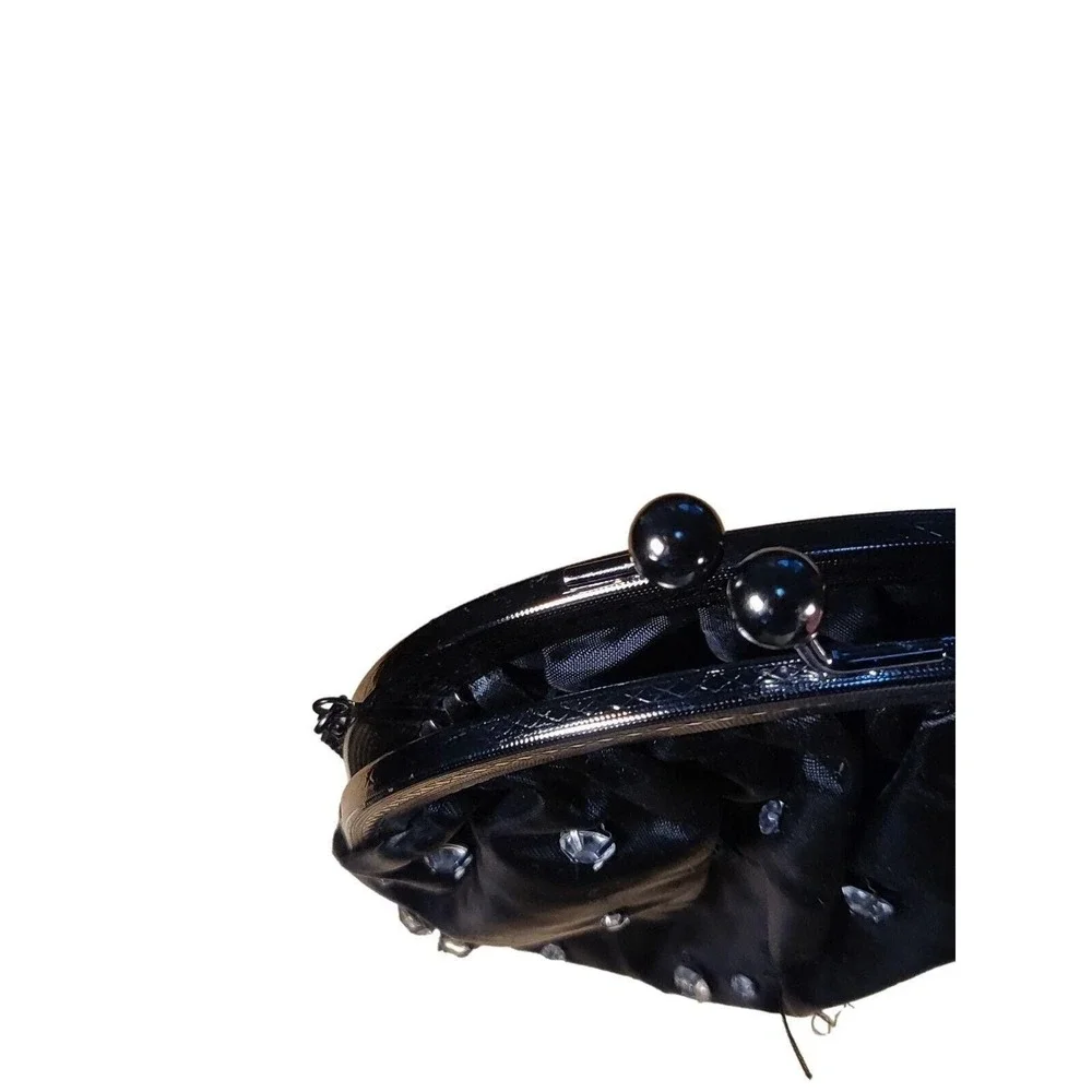 Vintage Black Satin Rhinestone‎ Clutch Bag Kiss Lock Gothic Evening Prom Purse